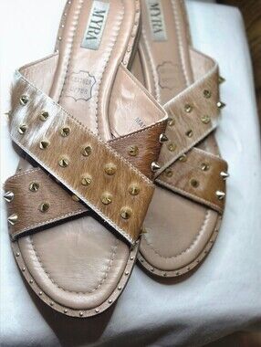 Myra Brand Tan Studded Leather Cow Hyde  Slide Sandals